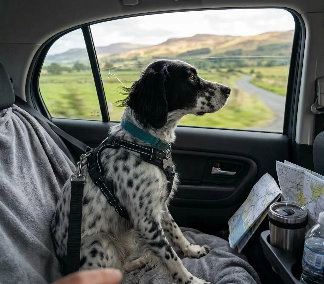 Loki mira por la ventanilla de un coche en ruta por el campo
