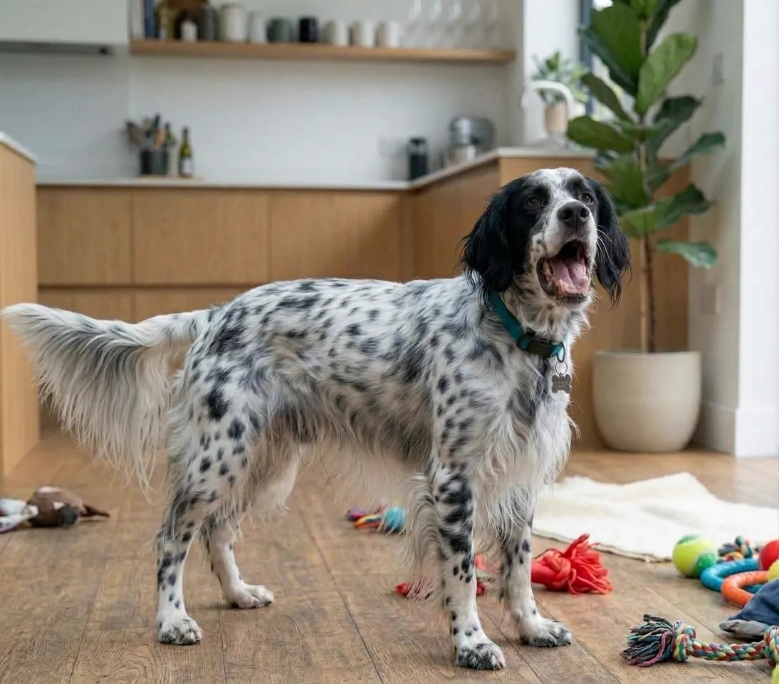 Loki, un setter inglés, jugando en la cocina de casa