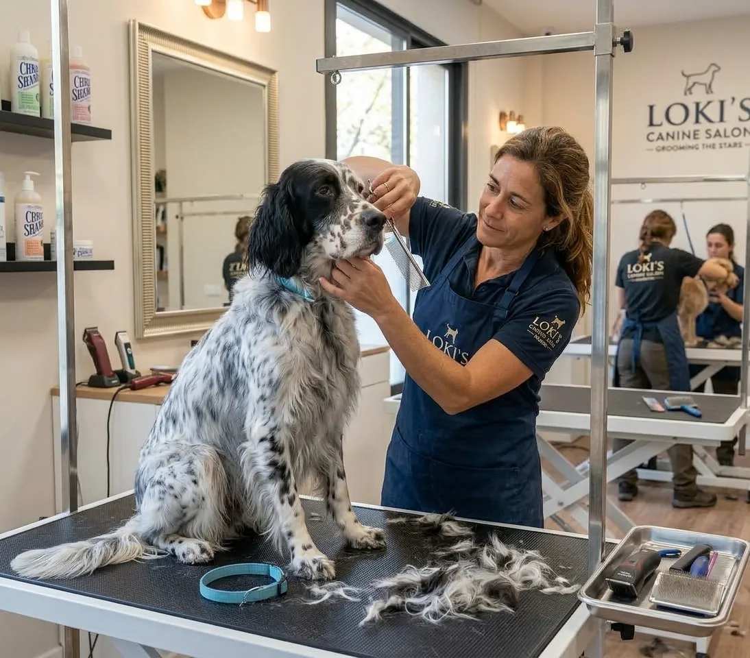 Una peluquera canina arregla el pelo de Loki, un setter inglés, sobre la mesa