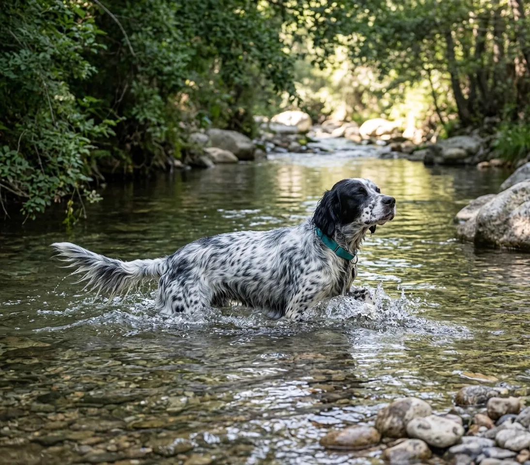 Loki, un setter inglés, cruzando un río entre piedras